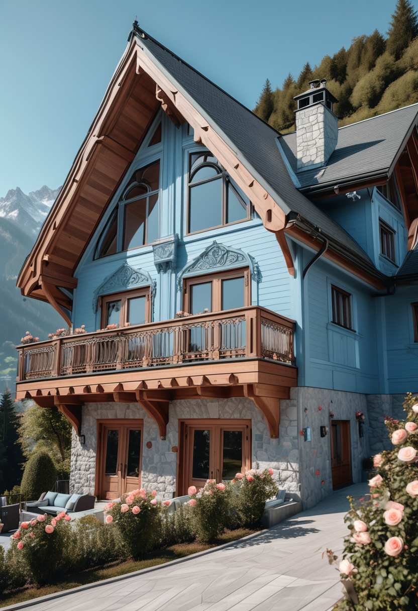 (medium full shot) of (grand house) with wood pastel blue exterior, victorian, mansard roof, stained glass windows, french doors, climbing roses, located in  a luxury mountain retreat, with modern chalets, ski slopes, high-end amenities, stunning vistas, in the morning, ,Masterpiece,best quality, raw photo, realistic, very aesthetic