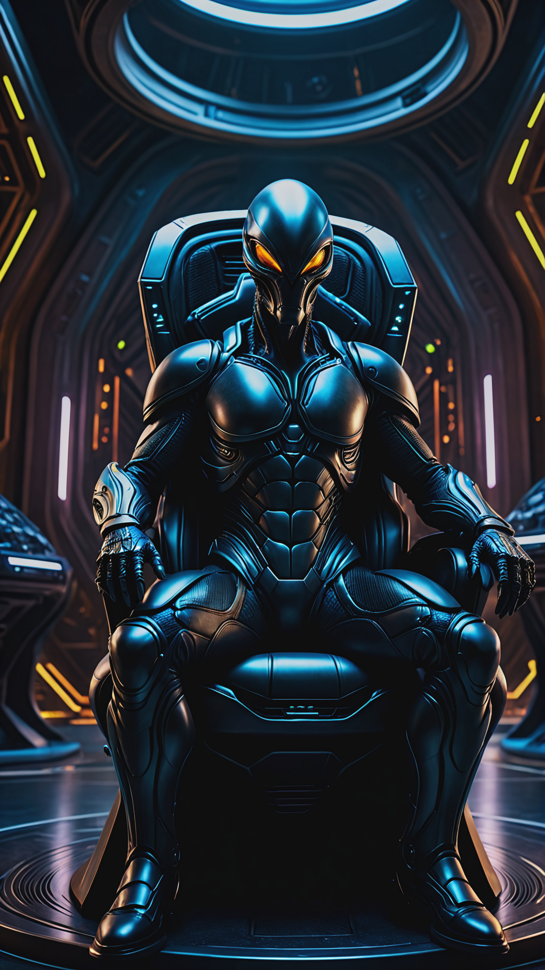 dark noir theme, huge, macro, futuristicanthropogenesis alien military base, sits in the ruler's chair, full body, nano particles bionic armor, indoors, Concept art, bold lines, highly detailed, (realistic:1.4), (fractal:0.1), colorful, sharp focus, masterpiece, high quality, shallow depth of field detailed background,, <lora:add-detail-xl:1>