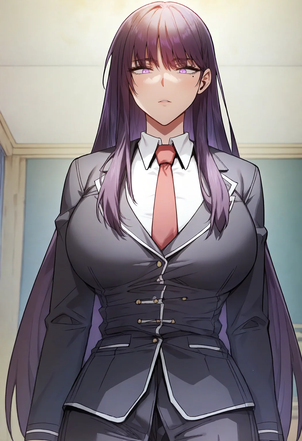 score_9, score_8_up, score_7_up, score_6_up, source_anime, rating_explicit, 1girl, (solo:1.1), huge breasts, <lora:Erzsebet Akalusia prefectPonyxl:0.9> long hair, (mole under eye:0.8), purple hair, black hair, purple eyes, school uniform, black jacket, red necktie, long sleeves, white shirt, collared shirt, black pants, indoors, looking at viewer, standing, upper body