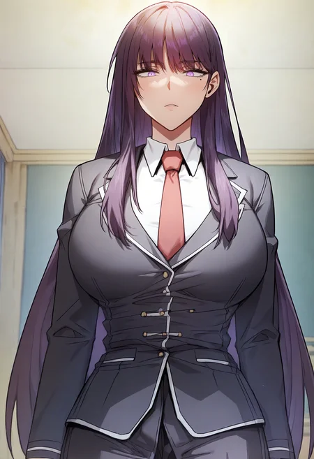 score_9, score_8_up, score_7_up, score_6_up, source_anime, rating_explicit, 1girl, (solo:1.1), huge breasts, <lora:Erzsebet Akalusia prefectPonyxl:0.9> long hair, (mole under eye:0.8), purple hair, black hair, purple eyes, school uniform, black jacket, red necktie, long sleeves, white shirt, collared shirt, black pants, indoors, looking at viewer, standing, upper body