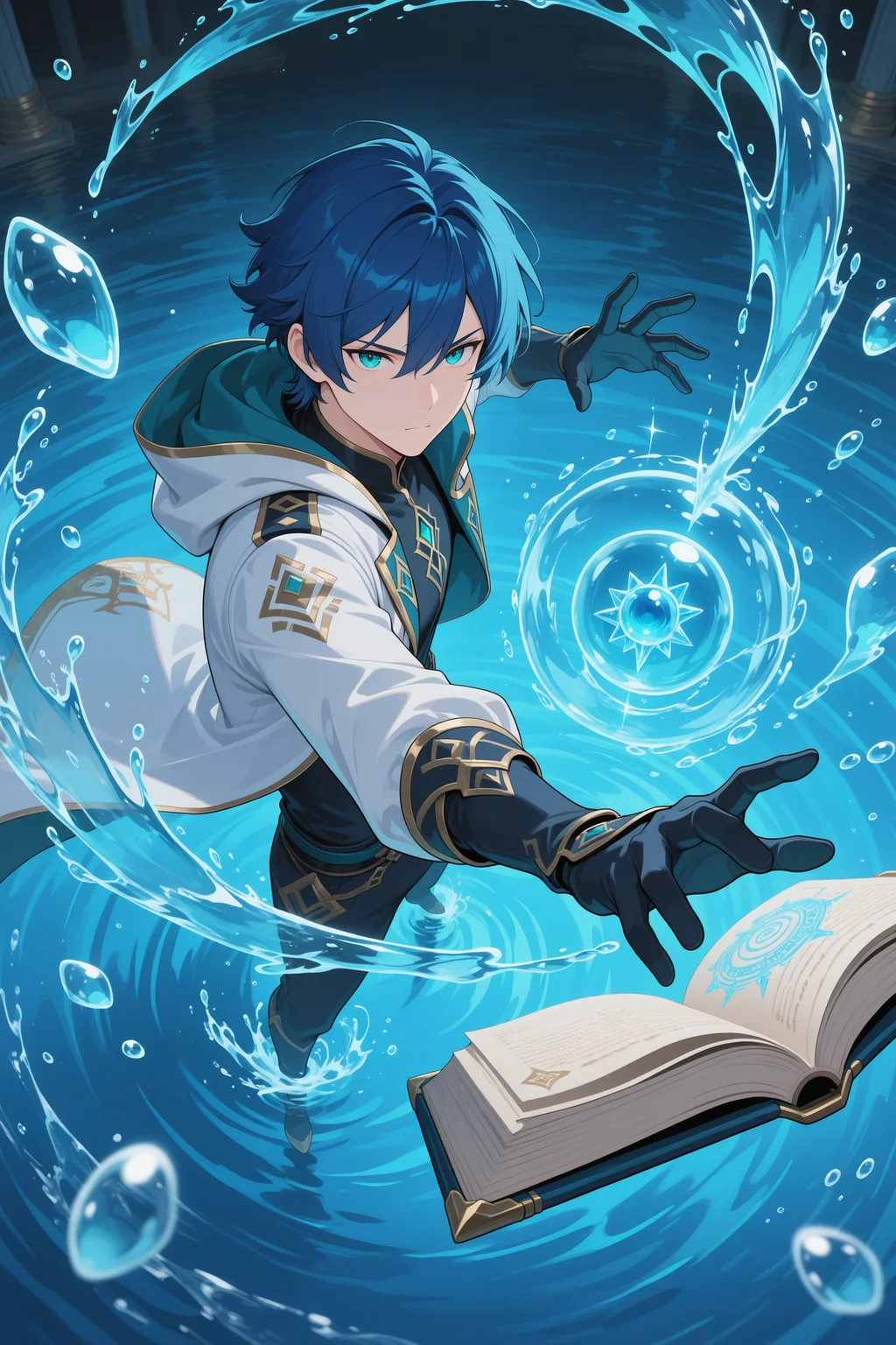 masterpiece, best quality, 1boy, solo, blue hair, male focus, book, catalyst, hydro_element, open book, from above, water, battle stance, short hair, water, hood, looking at viewer, closed mouth, hood down, hair between eyes, blue eyes, upper body, floating object, floating, aqua eyes, blue theme, jacket, gloves, mature male, shirt, white jacket, gold trim, dynamic pose, splash_art, perfect anatomy <lora:genshin_inspired_splash_art_v2-11:0.8>