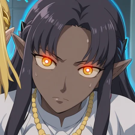 source_anime, colorful, score_9, score_7_up, 1girl, Princess Zelda, C0NTR4CT0R, BREAK, (C0NTR4CT0R), (1girl), , rating_explicit, (Karin_(Blue Archive)), (dark-skinned_female:1.2), 1girl, yellow eyes, shiny skin, sweat, urushihara_satoshi red_pupils, glowing, glowing eyes, blue aura