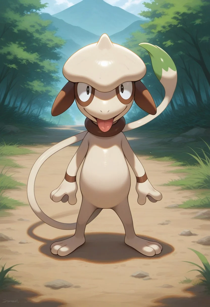 best quality, masterpiece, amazing quality, very aesthetic, absurdres,
1boy, solo, no humans,
standing,
smeargle, pokemon \(creature\),
looking at viewer, smile, tongue,
outdoors