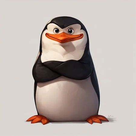 full body, score_9, score_8_up, score_7_up, score_6_up, score_5_up, score_4_up, source_furry, hi res, sfw, crossed arms, Skipper, penguin, looking at the viewer, smiling, 2D, drawing, feral