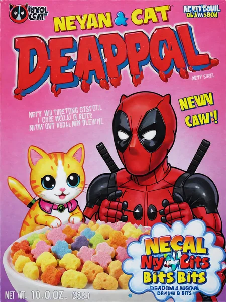 <lora:cereal_box_sdxl_v1:0.8> deadpool nyan cat bits