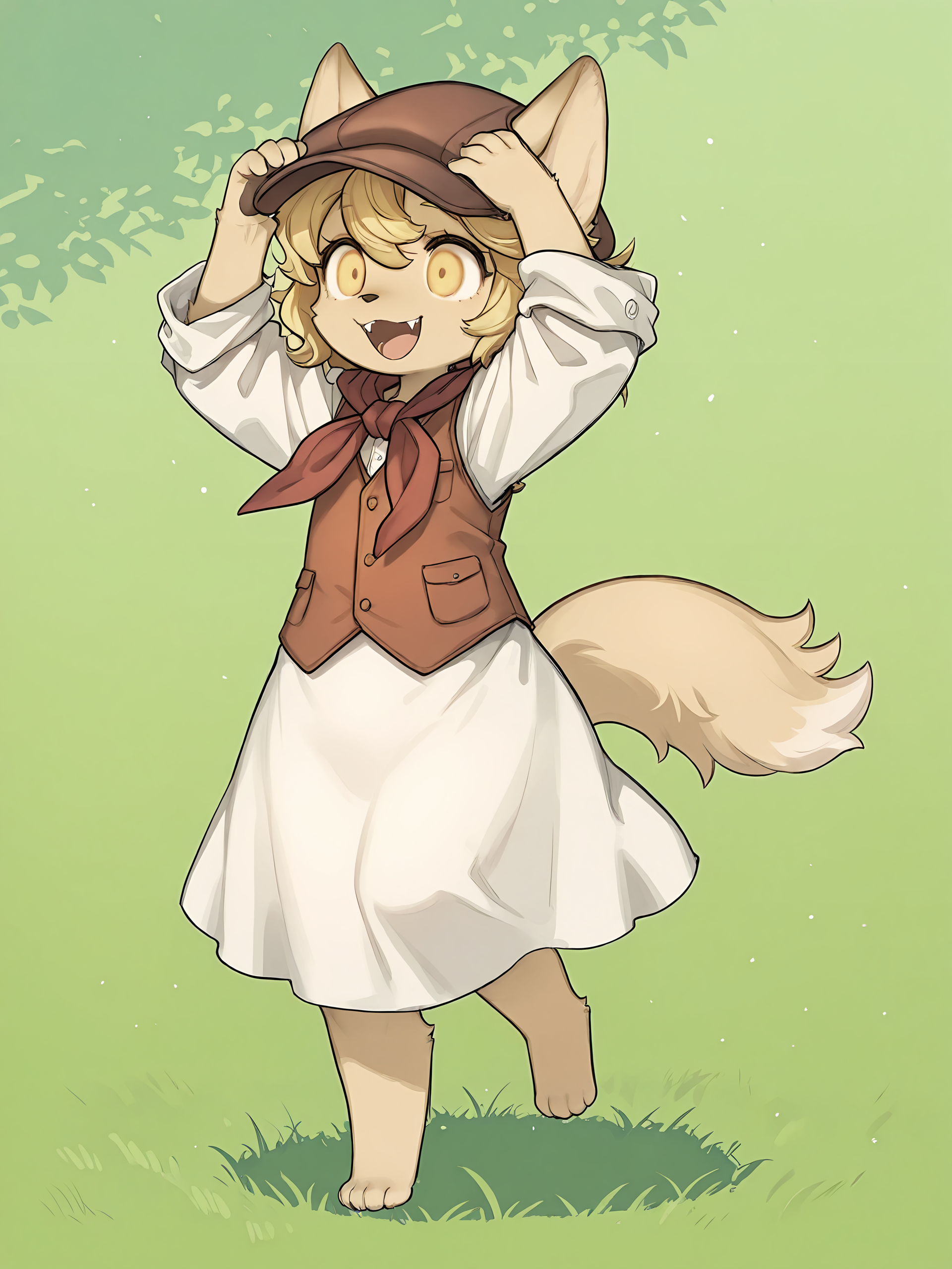 masterpiece, best quality, (absurdres), (highest quality), amazing quality, very aesthetic, no humans,
BREAK, <lora:Mei_Marzipan_Illustrious_V1:1>, mei marzipan, fuga: melodies of steel, kemono, furry female, 1girl, child, beige fur, blonde hair, yellow eyes, dog girl, animal ears, dog tail, dog ears,
BREAK, fuga 2 outfit, dress, red scarf, vest, hat, 
BREAK, outside, grass, sunny, jump, open mouth, fangs, happy, smile, wide eyes,