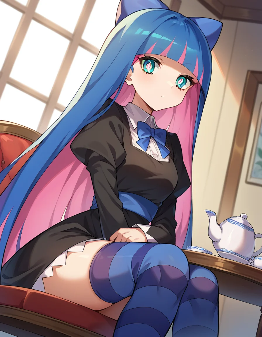 score_9, score_8_up, score_7_up, source_anime,
psgstocking, <lora:stocking-anarchy-ponyxl-lora-nochekaiser:1>,
psg stocking, blue eyes, blue hair, colored inner hair, hair bow, long hair, multicolored hair, pink hair, two-tone hair, bangs, blunt bangs, bright pupils,
striped, striped thighhighs, thighhighs, dress, black dress, puffy sleeves, long sleeves, skirt, shirt, collared shirt, white shirt,
indoors, table, sitting, chair, teacup, teapot, strawberry shortcake,
looking at viewer, cowboy shot, dutch angle,
