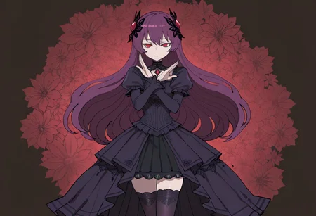 lazypos, anime girl, gothic dress, red eyes, long hair, purple curls, black lace, jeweled theme, elegant pose, thigh-highs, floral background, fantasy style, crystal details, saicastlestyle, Ratatatat74