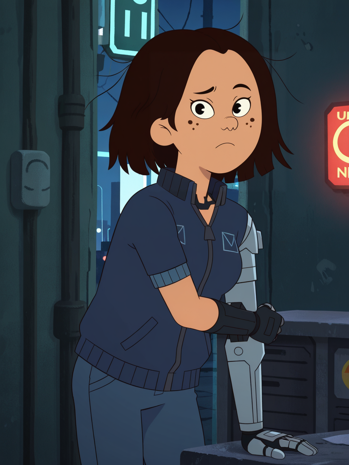 <lora:ThaoIL:0.8> _o, 1girl, short hair, brown hair, black eyes, freckles,
looking at viewer, cyberpunk, augmentations, prosthetic, metal arm, difficult background, at night, dynamic pose,