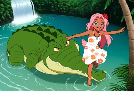 Tick tock crocodile,male animal focus,tail, crocodile open large mouth ,green skin, blue eyes, Tick Tock the crocodile is giant and very huge size,teeth, swimming in water,partially submerged,Tick Tock the crocodile looking at a young girl who she is standing on a tree branch hanging high up. Little_Girl_anime_manga,long hair,pink hair, dark-skinned female,the girl her very smal size, purple eyes, ancient tropical_clothe, chest_band,red very long_dress, jewelry, dark skin, smile, necklace,hair flower, bracelet, anklet, barefoot,open mouth,river,palm trees, jungle,view from above, Disney, waterfall,anime, manga