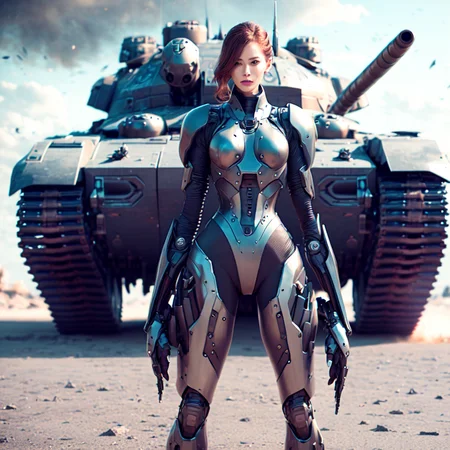 photo, a woman in a futuristic suit standing in front of a tank (MechAssassin style:1) <lora:djzMechAssassinV21:0.8>
