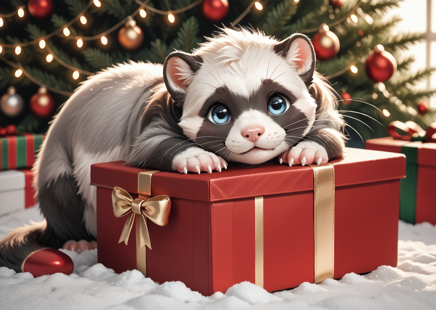 score_9, score_8_up, score_7_up, score_6_up, score_5_up, score_4_up, detailed, realistic, illustration, 8k, ferret peeking out of a christmas gift box surrounded by snow (cute furry feral:1.2), source_furry <lora:Animal_Christmas:0.8> animal christmas