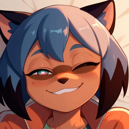 score_9, score_8_up, score_7_up, Michiru Kagemori, Anthro, furry, FACE ONLY, HEAD ON, FACE FOCUS, fur, cute, centered, smile, winking,
