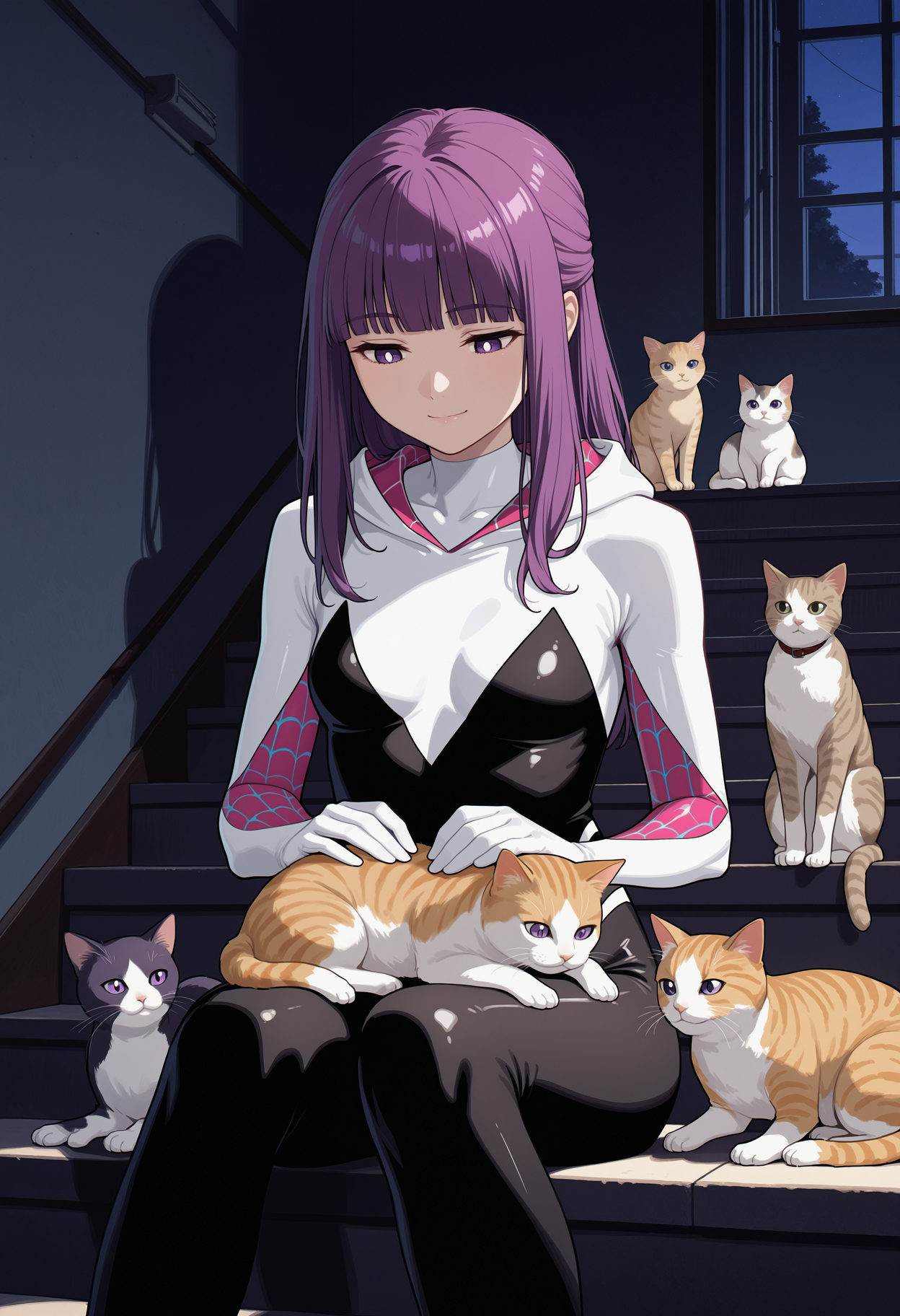 masterpiece, best quality, 1girl, solo, purple hair, long hair, blunt bangs, hooded bodysuit, spider web print, bodysuit, hood, gwenstacy, stairs, indoors, stairwell, dark, night, shadow, cat, petting, looking down, kitten, too many, too many cats, purple eyes, bright pupils, sitting, on lap, animal on lap, cat on lap, closed mouth, smile