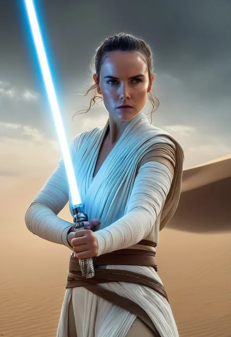cinematic film still of <lora:star wars style:1.5>
full-body portrait of Rey Skywalker from Star Wars, wearing her iconic white scavenger outfit with leather accessories, standing heroically, holding her blue lightsaber with both hands in front of her, determined and focused expression, detailed cloth textures flowing slightly in the wind, desert-like background or ancient Jedi ruins, cinematic lighting, dramatic atmosphere, photorealistic skin and costume details, glowing lightsaber casting soft blue light on her hands and face, 4k ultra high-resolution, masterpiece, trending on ArtStation, dynamic yet calm pose, realistic depth of field, intricate costume details, (epic heroic portrait:1.3), (cinematic lighting:1.2)