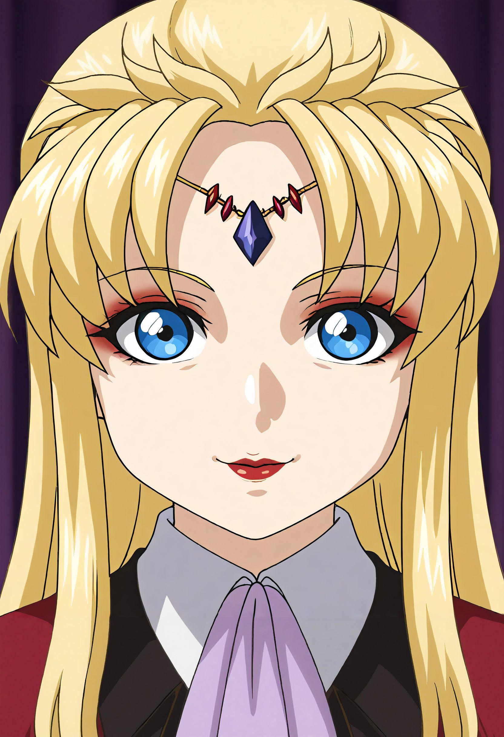 <lora:Hyper-SDXL-8steps-lora:1> score_9, score_8_up, score_7_up, best quality, uncensored, source_anime, 
BREAK
front view, little smile, closed mouth, standing, looking at viewer, upper body, portrait, close-up face, facing viewer, indoors, 
no background, white background, 1girl, (blush:-1.5), 
<lora:GSF-aura50yo_XL(pony)v11:1> gsf-aura50yo, blonde hair, long hair, blue eyes, circlet, lipstick, makeup, gsf-aura50yo outfit, red capelet, white jacket, purple ascot, red skirt, red pantyhose, black shoes,