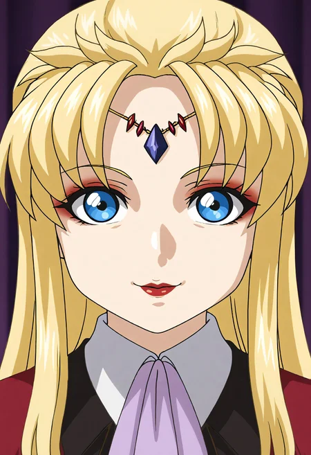 <lora:Hyper-SDXL-8steps-lora:1> score_9, score_8_up, score_7_up, best quality, uncensored, source_anime,
BREAK
front view, little smile, closed mouth, standing, looking at viewer, upper body, portrait, close-up face, facing viewer, indoors,
no background, white background, 1girl, (blush:-1.5),
<lora:GSF-aura50yo_XL(pony)v11:1> gsf-aura50yo, blonde hair, long hair, blue eyes, circlet, lipstick, makeup, gsf-aura50yo outfit, red capelet, white jacket, purple ascot, red skirt, red pantyhose, black shoes,