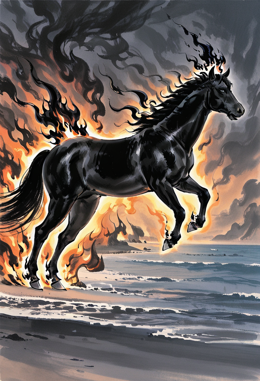 no humans, black horse, fiery hair, simple background, (black fire:2.0), (massive fire), shore, running, from side, dutch angle,
BREAK
best quality, masterpiece, very aesthetic, absurdres, highest detailed, very awa, <lora:Ink_wash_painting_style_v2.0:0.8> traditional media,
