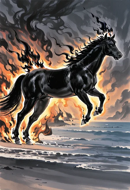 no humans, black horse, fiery hair, simple background, (black fire:2.0), (massive fire), shore, running, from side, dutch angle,
BREAK
best quality, masterpiece, very aesthetic, absurdres, highest detailed, very awa, <lora:Ink_wash_painting_style_v2.0:0.8> traditional media,