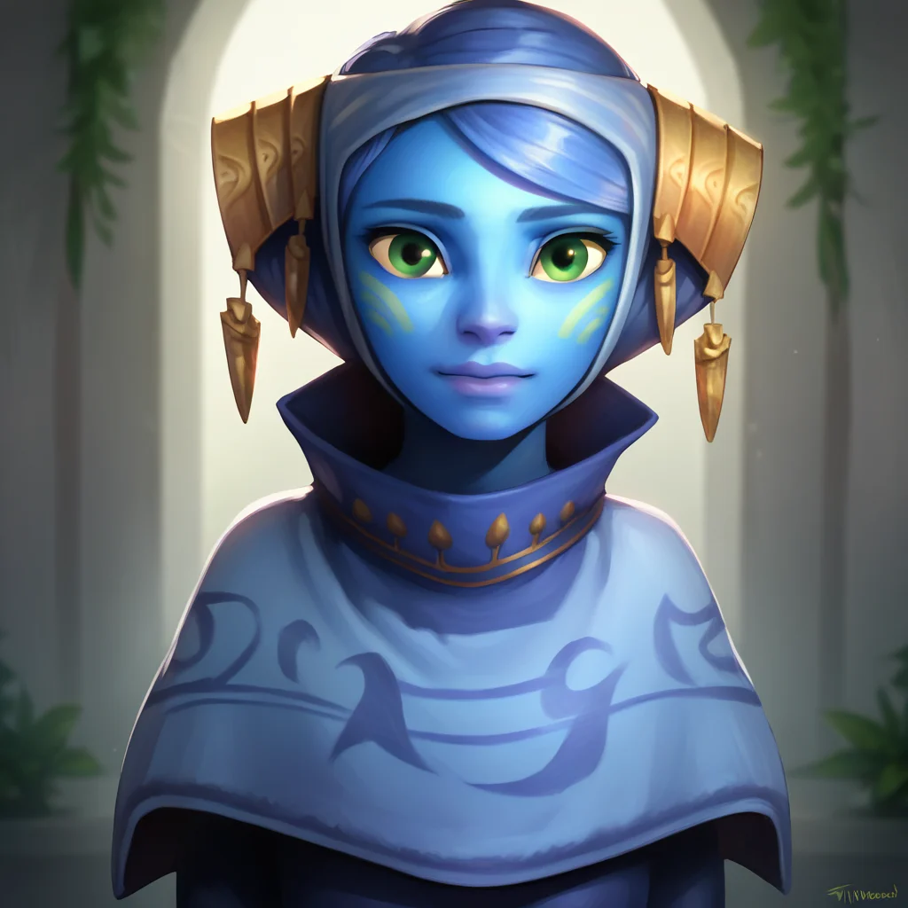 score_9_up, score_8_up, BREAK, RiyoChuchi, 1girl, solo, blue hair, green eyes, colored skin, blue skin, capelet, upper body, <lora:RiyoChuchi_PXL_Leaf1:1>, depth of field, looking at viewer,