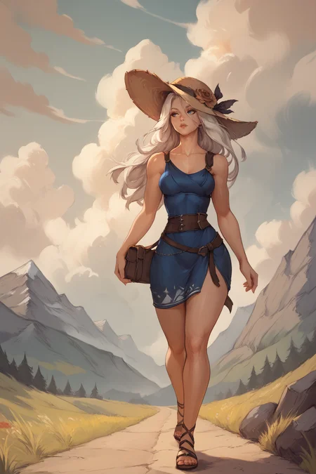 score_9, score_8_up, score_7_up, masterpiece, high quality, BREAK
<lora:RivenNormalPonyLoRA:0.8>rvn, long hair, white hair, blue dress, waist band, summer, hat, walking on a path in the mountains