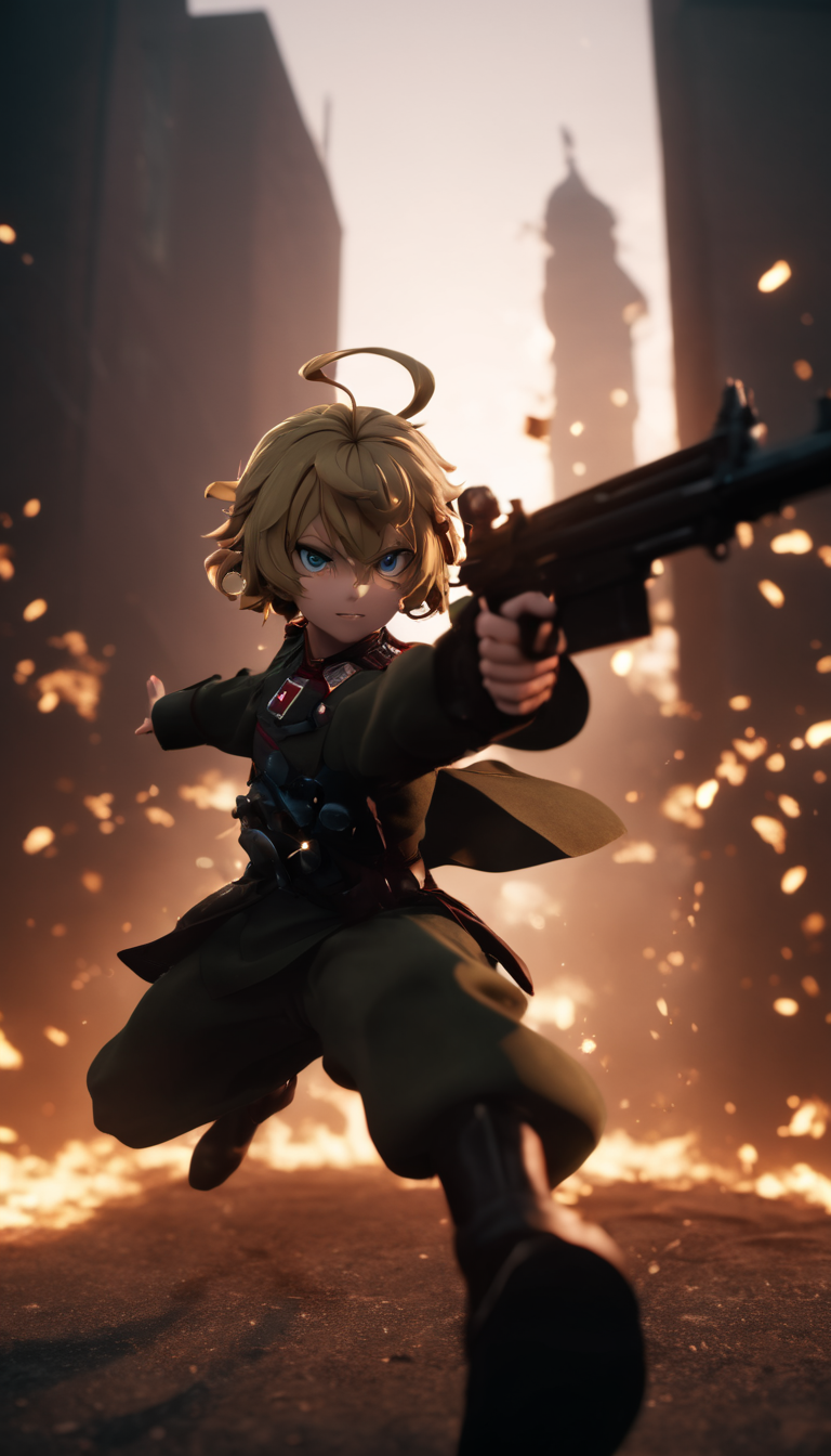 cinematic photo Cinematic scene, hero view, Tanya Degurechaff , Youjo Senki, action pose, detailed background, masterpiece, best quality, high quality, absurdres  <lora:tanya_degurechaff_xl_v4:1> . 35mm photograph, film, bokeh, professional, 4k, highly detailed