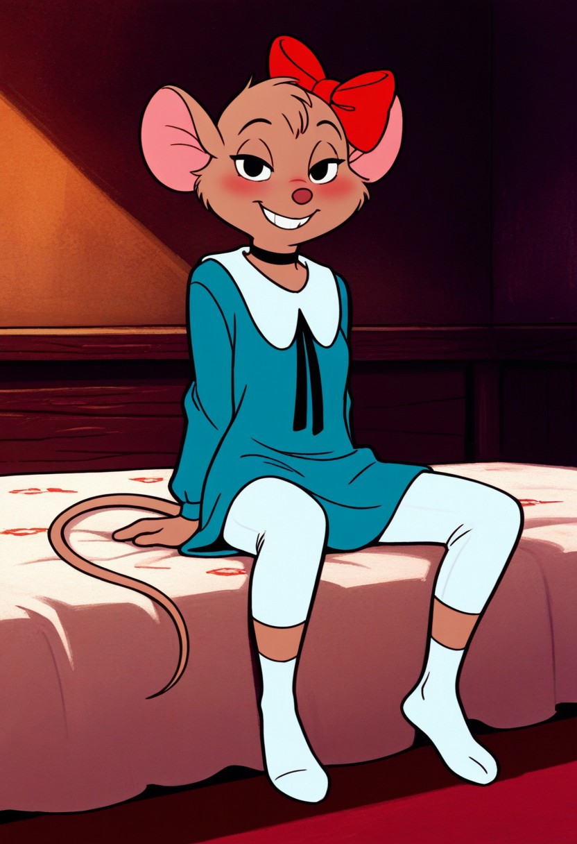 masterpiece, best quality, absurdes, 1girl, solo,
(source furry), full body,
<lora:Olivia Flaversham (The Great Mouse Detective) (Illust):0.8>
Olivia_F, furry female, body fur, brown fur, animal nose, mouse ears, animal ears, hair ribbon, short hair, tail, smile,
choker, grin, teeth,
white leggings, sitting on bed, knees spread, minidress,
seductive pose, (no shoes, shoeless),
indoors, (detailed background), bedroom,
looking at viewer, coy smile, flirtatious look,
sultry expression, blush,
 <lora:Detailer_NoobAI_Incrs_v1:0.4> detailed,
