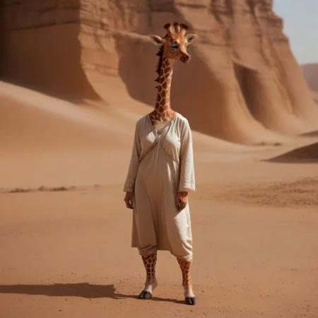 antro, 1girl, giraffe, standing, in a desert background, UHD, score_8_up, score_9