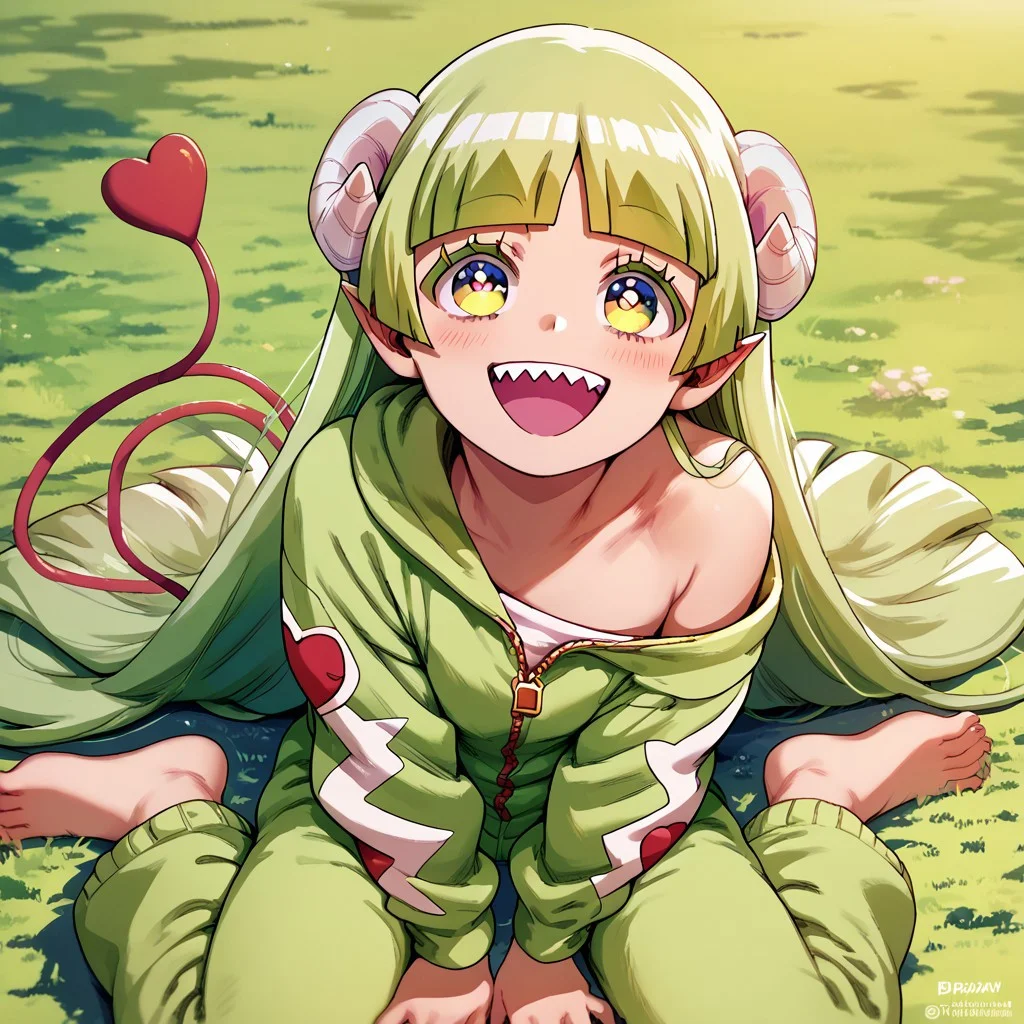 score_9, score_8_up, score_7_up, score_6_up, score_5_up, score_4_up, Cl_araV, unzipped green onesie, Sharp teeth, Horns, heart tail, happy, green hair, sitting on the ground, barefoot, looking up at viewer, exposed shoulder, long hair