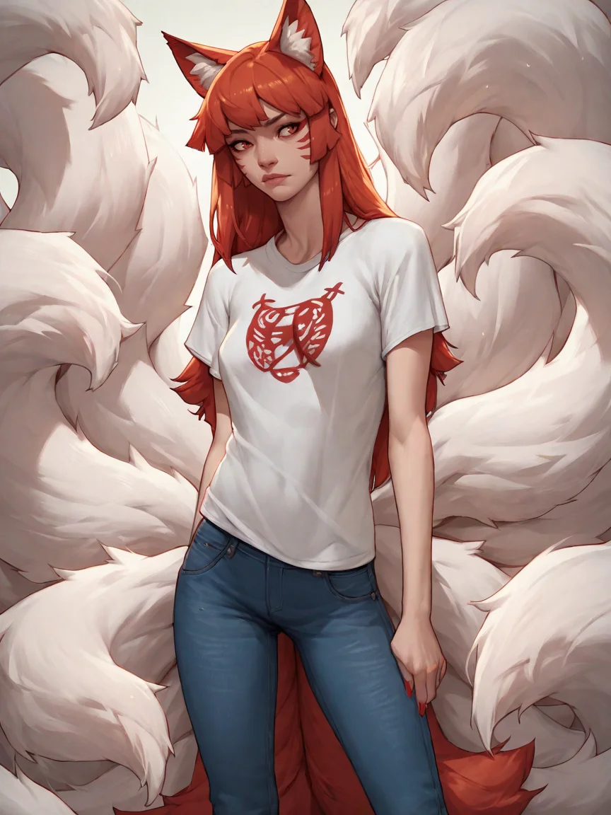 score_9, score_8_up, score_7_up, score_6_up, score_5_up, <lora:g4n4sXLP:0.7> g4n4s, 1girl, kitsune, t-shirt, jeans,