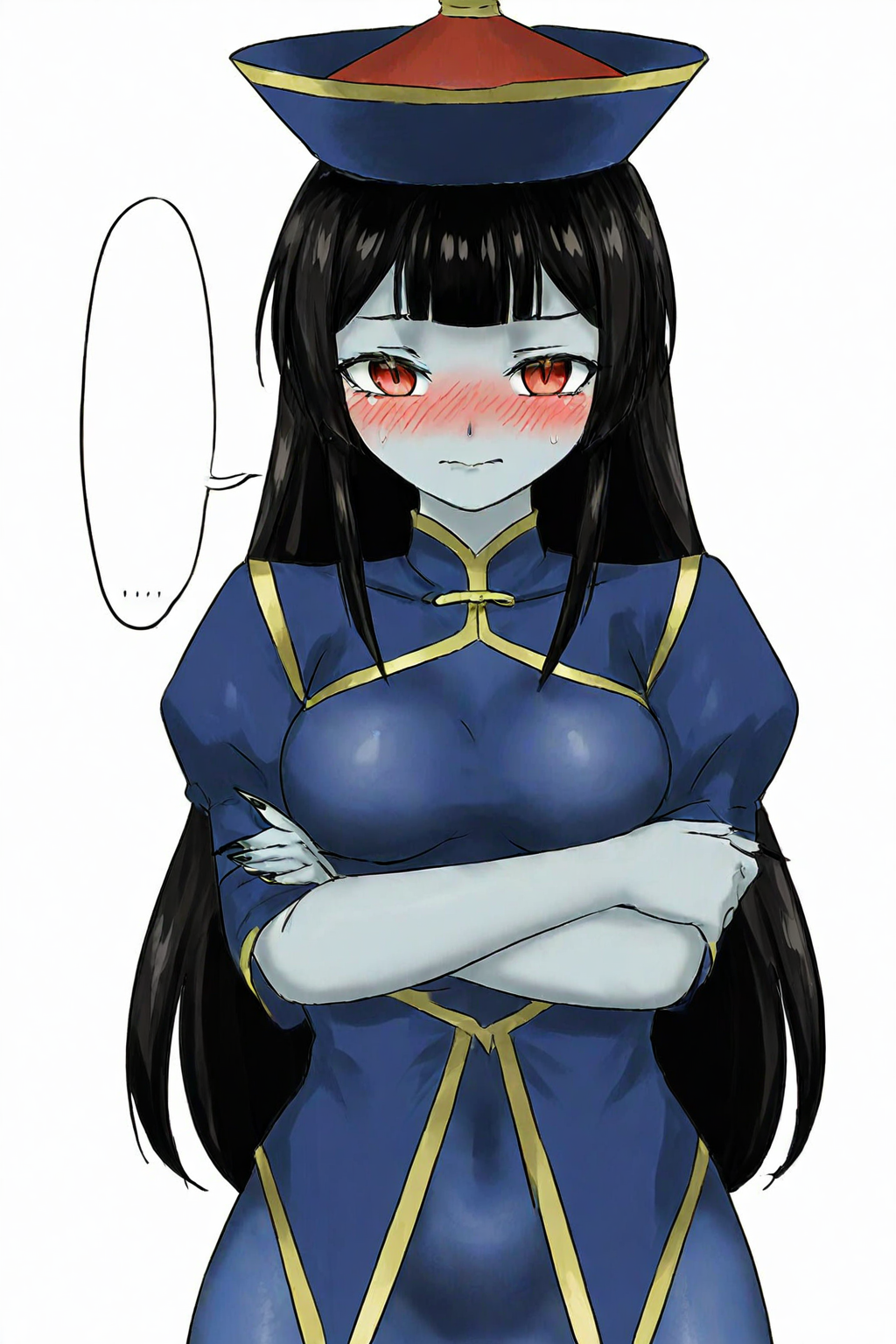 ofuda,jiangshi,skyzen,blue skin,chinese clothes,red eyes,1girl,black hair,long hair,standing,qingdai guanmao,<lora:skyzen:0.85>,cowboy shot,simple background,white background,crossed arms,blush,nervous,looking at viewer,