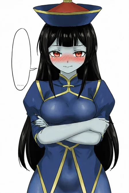 ofuda,jiangshi,skyzen,blue skin,chinese clothes,red eyes,1girl,black hair,long hair,standing,qingdai guanmao,<lora:skyzen:0.85>,cowboy shot,simple background,white background,crossed arms,blush,nervous,looking at viewer,