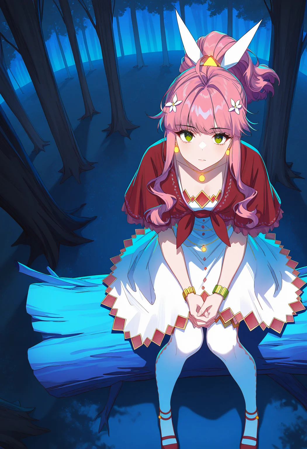 1girl, solo,
<lora:shiMengdengV1:1>, shifanciadream, long hair, ponytail, green eyes, pink hair, sidelocks, hair flower,
hair ornament, jewelry, bracelet, necklace, medium breasts,
white dress, red capelet, thighhighs, red footwear,
looking at viewer, expressionless, fisheye, medium breasts,
sitting, tree, outdoors, night, forest, own hands clasped, knees together feet apart,
masterpiece, best quality, newest, absurdres, highres,
high contrast, color contrast, cold colors, gritty, graphite \(medium\)