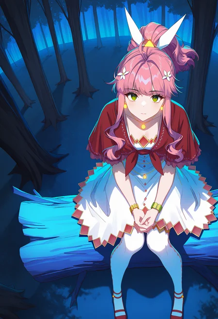 1girl, solo,
<lora:shiMengdengV1:1>, shifanciadream, long hair, ponytail, green eyes, pink hair, sidelocks, hair flower,
hair ornament, jewelry, bracelet, necklace, medium breasts,
white dress, red capelet, thighhighs, red footwear,
looking at viewer, expressionless, fisheye, medium breasts,
sitting, tree, outdoors, night, forest, own hands clasped, knees together feet apart,
masterpiece, best quality, newest, absurdres, highres,
high contrast, color contrast, cold colors, gritty, graphite \(medium\)