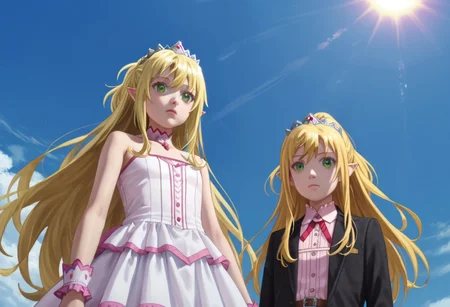 score_9, score_8_up, score_7_up, (((from Front and from below))),
at the beach, sun goes down,
Yue, blonde hair, very long hair, red eyes,
Liliana, long hair, blonde hair, ponytail, tiara, green eyes,
Tio, yellow eyes, pointy ears, black hair, hair ornament,