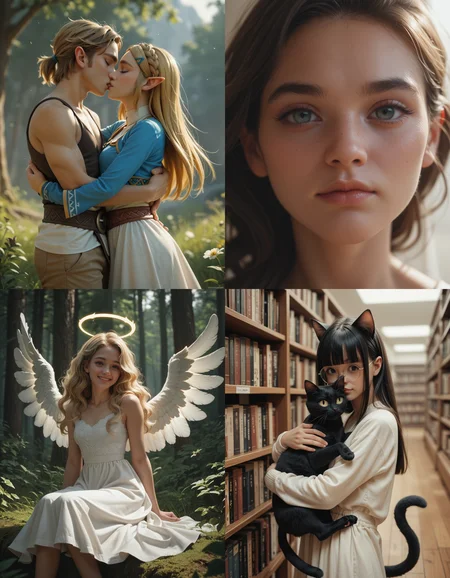 https://civitai.com/articles/5300 __ 1st image: score_9, score_8_up, score_7_up, 1girl, 1boy, Princess_Zelda, \(The_Legend_of_Zelda:_Breath_of_the_Wild\), standing, kiss, hug, closed_eyes __ 2nd image: score_9, score_8_up, score_7_up, 1girl, lovely face, portrait, close-up, looking_at_viewer, closed_mouth __ 3rd image: score_9, score_8_up, score_7_up, 1girl, solo, blonde_hair, wavy_hair, angel, angel_wings, halo, smile, sitting, forest, white_dress __ 4th Image: score_9, score_8_up, score_7_up, 1girl, solo, long_hair, black_hair, blunt_bangs, straight_hair, round_eyewear, cat_girl, cat_ears, cat_tail, standing, hug cat, looking_at_viewer, library