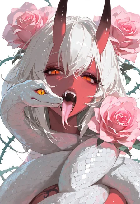 masterpiece, best quality, good quality, newest, highres, absurdres, uncensored,
BREAK
detail background, very awa, absolutely eye-catching, (beautiful face),
BREAK
amazing quality, best quality, ultra-detailed, 8K, illustration, CG, ultra-detailed-eyes, cute girl, eyelashes
BREAK
(sexy, slutty, hot, aroused)
Aka-Oni, oni, colored skin, red skin, straight horns,
BREAK
open mouth, flower, rose, animal, fangs, leaf, plant, pink flower, realistic, snake, scales, animal focus, thorns, forked tongue, white snake, limited palette, scary eyes, looking at viewer,