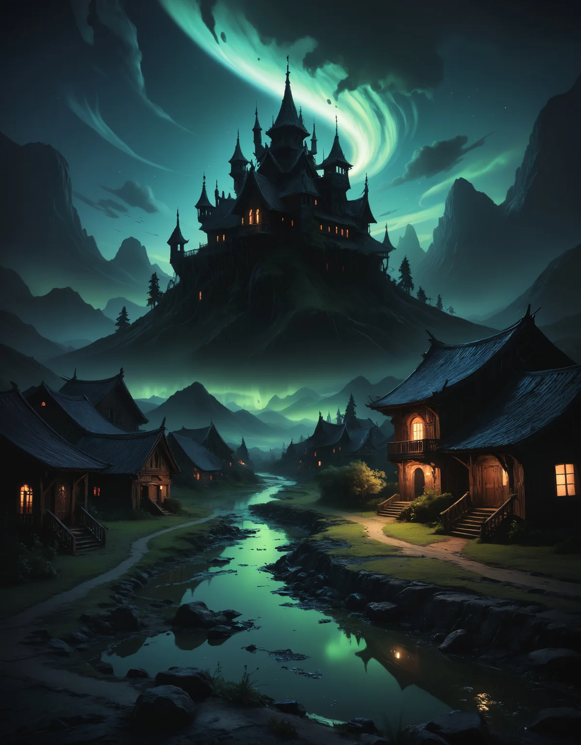 (zavy-mthcl:1.3), alien landscape ,Spectacular auroras dancing across the heavens, Quaint villages nestled in verdant valleys , alien flora, Chiaroscuro,,, surrealist, horror, trending on artstation, digital painting, painterly, concept art, smooth, illustration, clean ink detailed line drawings, cell shaded, 4k, tone mapping, doll, akihiko yoshida, james jean, andrei riabovitchev, marc sim