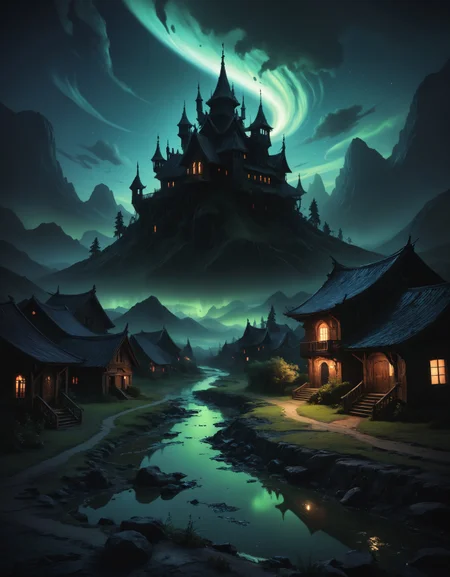 (zavy-mthcl:1.3), alien landscape ,Spectacular auroras dancing across the heavens, Quaint villages nestled in verdant valleys , alien flora, Chiaroscuro,,, surrealist, horror, trending on artstation, digital painting, painterly, concept art, smooth, illustration, clean ink detailed line drawings, cell shaded, 4k, tone mapping, doll, akihiko yoshida, james jean, andrei riabovitchev, marc sim