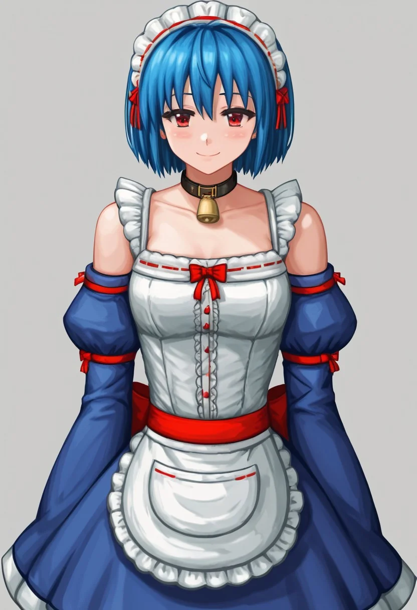 score_4,score_5,score_6,score_7_up,score_8_up,score_9
((masterpiece,best quality,ultra detailed,highres,HD,4k:1.2)),
1girl, solo, blue hair, red eyes,short hair,
bell, maid, detached sleeves, maid headdress, neck bell,collar, apron,dress,Exposed shoulders,
A cheeky smile, a provocation, a tease,