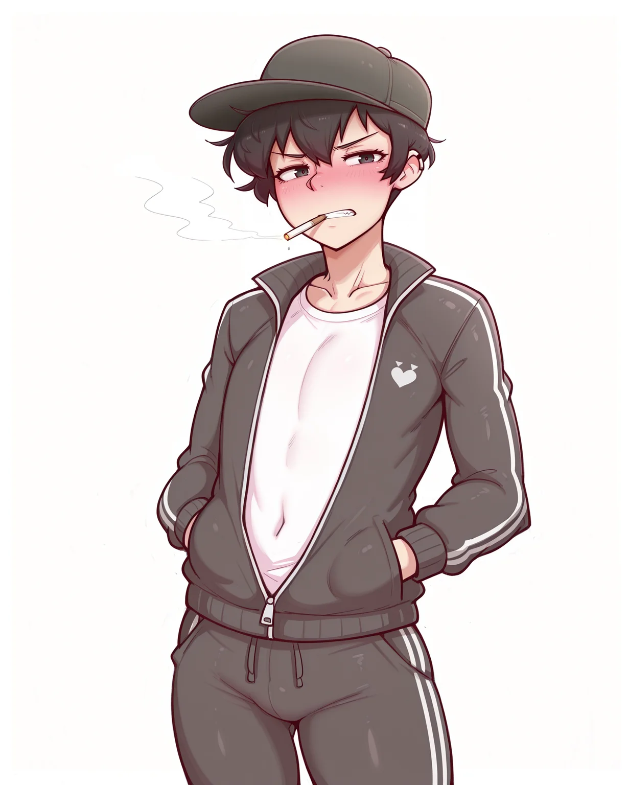 IllustriousQual_1017896, detailed face, detailed body, art by dross, linear hatching, OCDamien, 1boy, solo, otoko no ko, toned, nose shade, black hair, black eyes, very short hair, pixie cut, hair between eyes, black flat cap, gopnik, cigarette in mouth, black track suit, white t-shirt, scowl, gritting teeth, looking at viewer, facing viewer, hands in pockets,cowboy shot, simple background, white background, <lora:StS-Illustrious-Detail-Slider-v1.0:5><lora:hand 5.5_903007:0.9><lora:OC_Damien:1> <lora:StS_Age_Slider_Illustrious_v1:3><lora:il_brightness_slider_d1_1133126:0><lora:Muscle slider 3_last:2><lora:PP slider_last:-1> <lora:_dross_NAIXL:1>