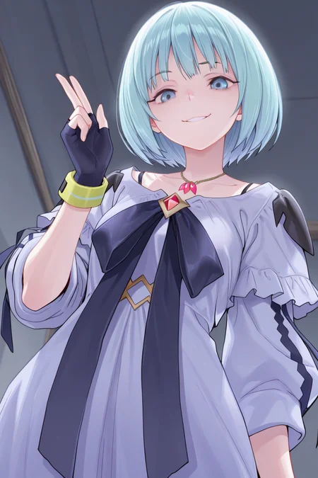 masterpiece, best quality, amazing quality,
<lora:Uta_IL:1> uta, 1girl, solo, smile, short hair, jewelry, necklace, fingerless gloves, looking at viewer, blue hair, dress, grey eyes, reflector, from below