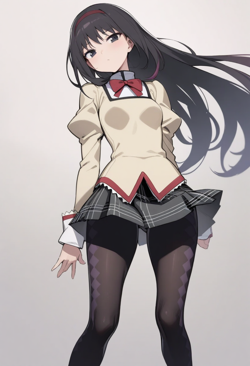 masterpiece,best quality,very aesthetic,absurdres,<lora:akemi_homura:1>,1girl,akemi_homura,black_eyes,black_hair,long_hair,mitakihara_school_uniform,pantyhose,pink_hair,solo,