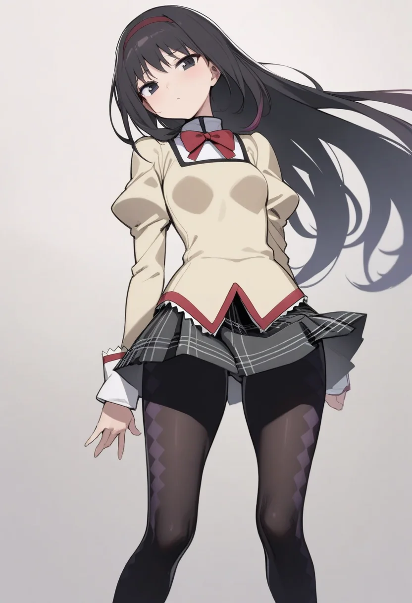 masterpiece,best quality,very aesthetic,absurdres,<lora:akemi_homura:1>,1girl,akemi_homura,black_eyes,black_hair,long_hair,mitakihara_school_uniform,pantyhose,pink_hair,solo,