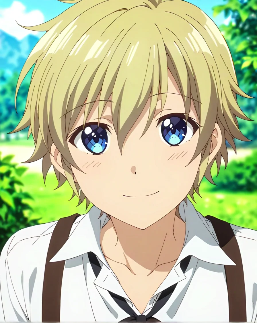 masterpiece, best quality, very aesthetic, absurdres, very detailed, depth of field, ((1boy, solo, male only, male focus, upper body)), (falma_de_medicis, blonde hair, blue eyes, short hair, hair between eyes, bangs), happy, looking at viewer, facing viewer, black suspenders, shirt, white shirt, collared shirt, buttoned shirt, black neckwear, neck ribbon, collarbone, outdoors, <lora:Lightning-8:1> <lora:falma_sdxl_lora:0.74>
