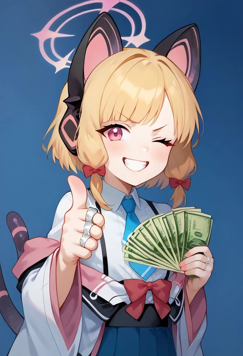 score_9, score_8_up, score_7_up, score_6_up,  source_anime, masterpiece, highly detailed,
<lora:gangstersb-guy-PONYv1:0.9>, gangstersb, thumbs up, one eye closed, grin, smile, money, holding money, portrait, cropped torso, ring, formal,  necktie, suit, striped, solo, looking at viewer, only 5 fingers, upper body
1girl, ((solo)), momoi \(blue archive\),pink eyes,blonde hair,halo,animal ear headphones, tail,jacket front red bow,multicolored jacket,wide sleeves,white shirt,blue necktie, pleated skirt,black thighhighs,pink footwear