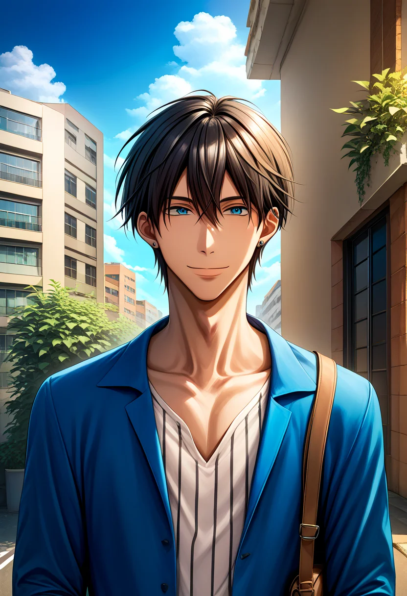 score_9,score_8_up,score_7_up,score_6_up,score_5_up,score_4_up BREAK takato saijo,male focus,1boy,solo,eyewear hang,unworn eyewear,outdoors,shirt,looking at viewer,striped shirt,sunglasses,day,sky,cloud,blue jacket,upper body,jacket,blue sky,striped clothes,open clothes,plant,closed mouth,bag,long sleeves,smile,vertical-striped shirt,street,road,building,earrings,white shirt,open jacket,<lora:Takato_Junta_V1-2>,