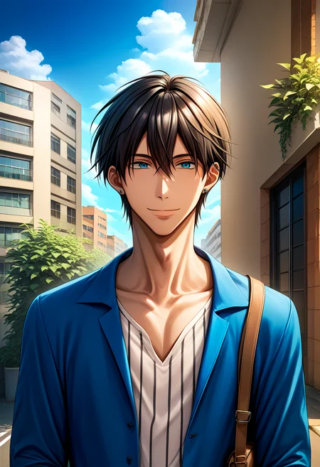 score_9,score_8_up,score_7_up,score_6_up,score_5_up,score_4_up BREAK takato saijo,male focus,1boy,solo,eyewear hang,unworn eyewear,outdoors,shirt,looking at viewer,striped shirt,sunglasses,day,sky,cloud,blue jacket,upper body,jacket,blue sky,striped clothes,open clothes,plant,closed mouth,bag,long sleeves,smile,vertical-striped shirt,street,road,building,earrings,white shirt,open jacket,<lora:Takato_Junta_V1-2>,