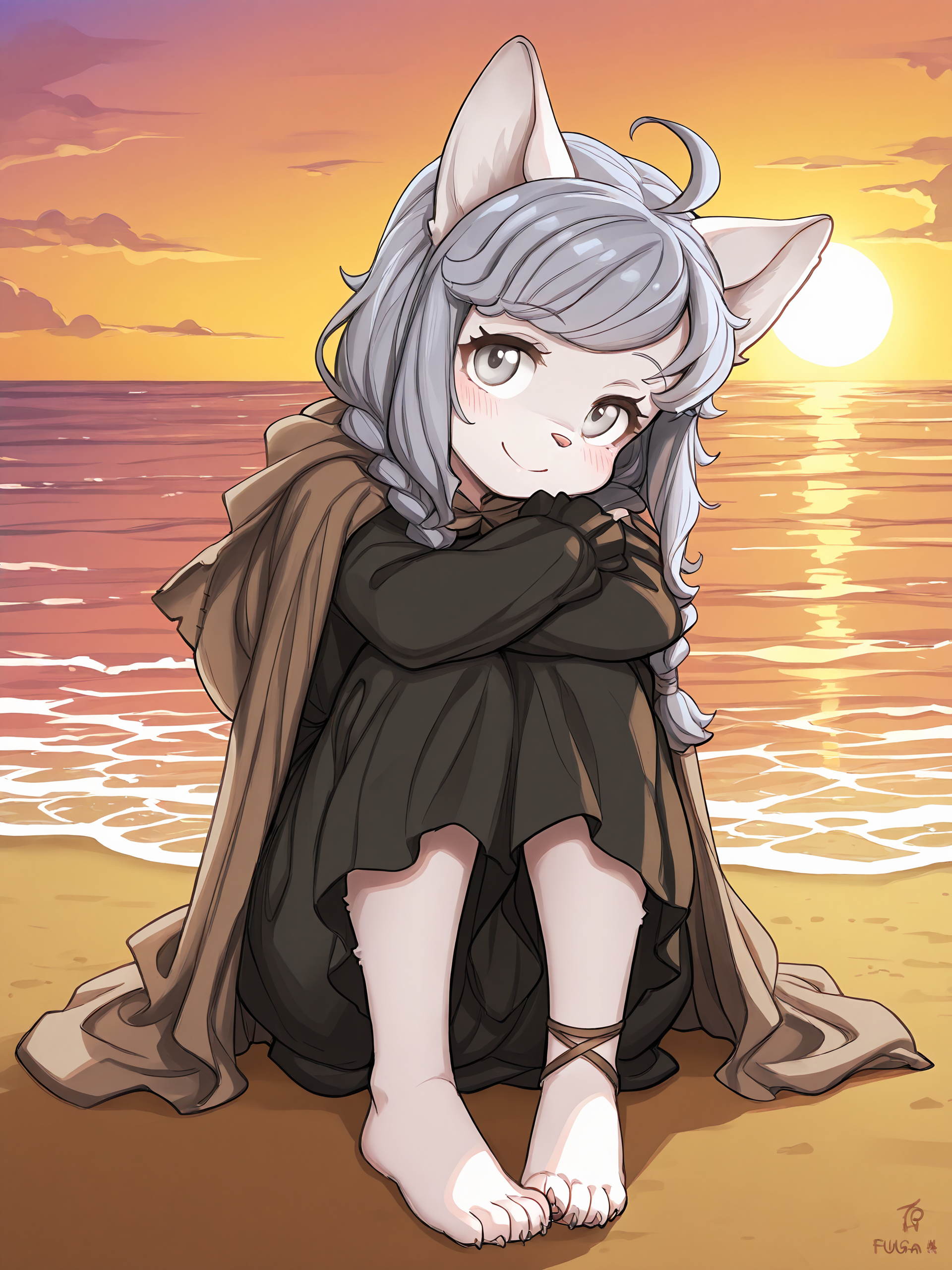 BREAK, <lora:Sheena_Falafel:1>, Sheena Falafel, Fuga: Melodies of Steel, kemono, furry female, young female, 1girl, cat girl, white fur, grey eyes, pastel blue hair, long hair, ahoge, bangs, sidelocks, animal ears, cat ears, animal nose, pink nose, Fuga 1 appearance, twin braids,
BREAK, Fuga 1 Outfit, barefoot, braided anklet, claws, black dress, brown cloak, pawpads, claws
BREAK, solo, beach, water, sunny, hugging legs, looking at viewer, cute smile, blush, head resting on knees, head tilt,