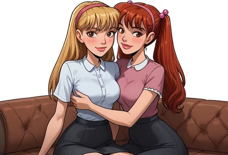 score_9, score_8_up, score_7_up, detailed, detailed body, detailed face,
Expressiveh, flat color, fca style, toon \(style\), 2d, BREAK,
2girls, (multiple girls),
white background, seat on sofa, nat and juliah posing together, looking at viewer,
(nat blushing), (juliah smile), 2girls hugging,
BREAK,
juliah(red hair, thick lips, long hair, hair bobbles, twintails, brown eyes),
nat(thick lips, hairband, blonde hair, long hair, 1girl, solo, breasts),
(juliah in pink blouse, black skirt) and ((nat in white blouse, black skirt)), (same height),